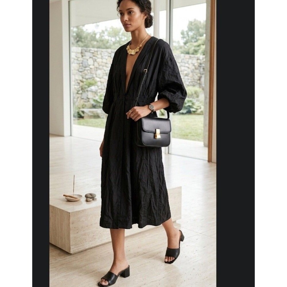 Max Studio Dress Womens Medium Black Textured‎ V Neck 3/4 Sleeve Silk Lined